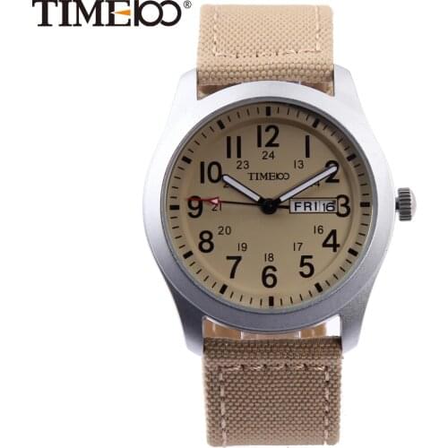 Time100 Mens Watches Casual Beige Quartz Watches Canvas Strap Wrist Watch Sport Auto Date Analog Display erkek saatleri