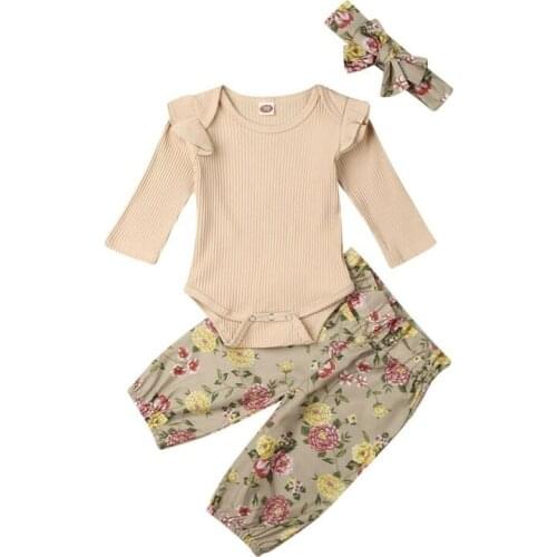 Toddler Girl Clothes Newborn Infant Baby Girl Ruffle Knitted Bodysuit+ Floral Pants +Headband Outfit Clothes