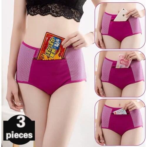 3 pcs Womens underpants Female underwear cotton Panties with pocket zipper Sexy lingerie mid-waist Lingerie thong