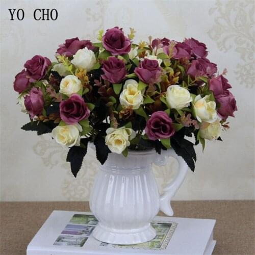 YO CHO Rose Bouquet Bridal Wedding Flower Bridesmaid Bouquet Artificial Silk Rose Flower Arrangement Home Party Prom Decorations