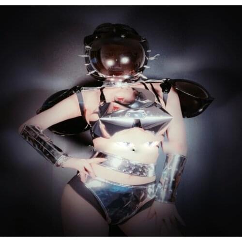 Silver mirror reflective technology robot party show GoGo bar Ds dance team future space costume