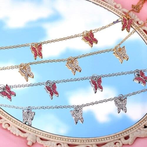 Flatfoosie Gold Silver Color Butterfly Crystal Pendant Necklace For Women Simple Long Chain Necklace Fashion Jewelry Party Gift