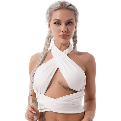 Women Crop Top White Khaki Shirt Girls Cross Halter y2k Grunge Summer Sleeveless Backless Cut Out Tank Tops Sexy Chic Party Club