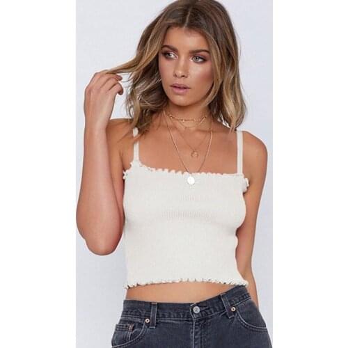Women Bralette Crop Top Ribbed Knit Cropped Top Ruffle Trim Cami Stretchy White Spaghetti Strap Plain Vest Summer Clothing