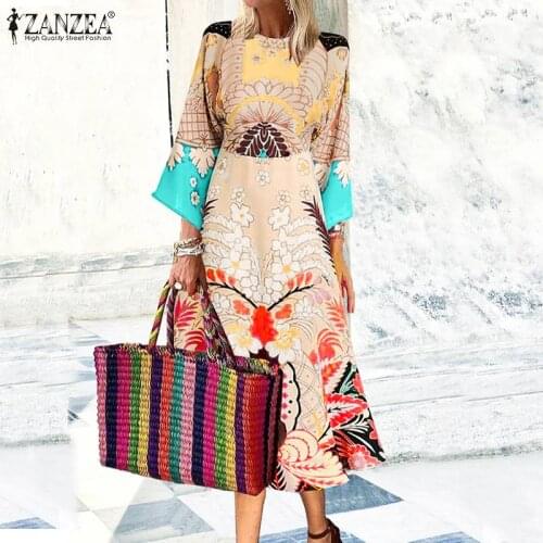 Women Autumn Mid-calf Dress 2021 ZANZEA Bohemian Floral 3/4 Sleeve Party Holiday Vestido Elegant Printed Sundress Oversized Robe