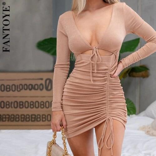 Fantoye Sexy Backless Drawstring Ruched Women Dress Pink Long Sleeve Hollow Out Dresses Ladies Summer Skinny Fashion Party Wear