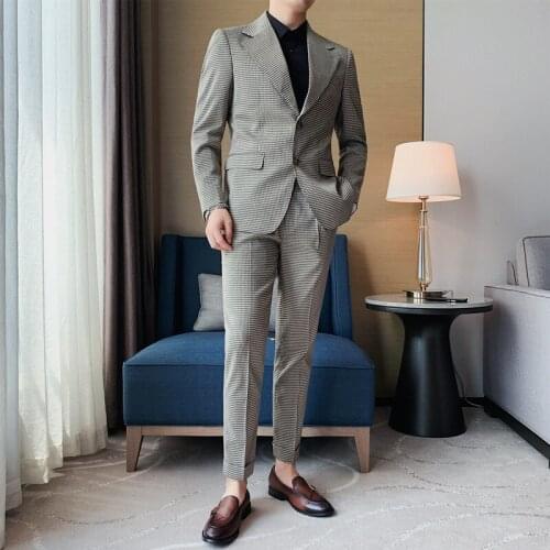 2021 Autumn Wedding Suits for Men Houndstooth Business Formal Casual dress Suits 2 Pieces Office Work Party Prom Costume Homme