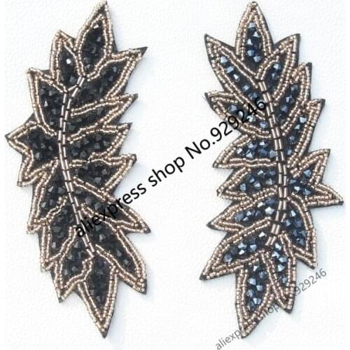 4pcs/lot fashion long leaf hand-made beaded applique black fabric-base trimmings for hairdress garment clothing embellishments
