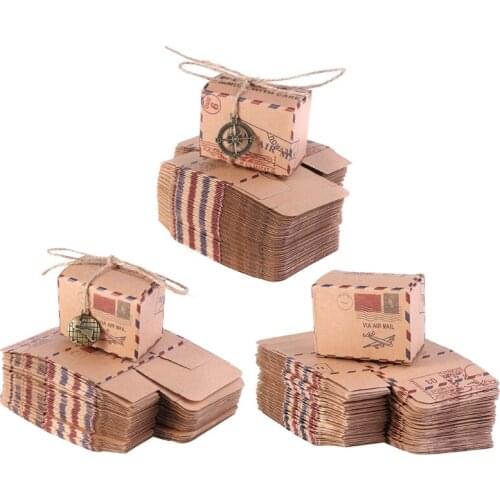 50pcs Stamp Design Wedding Vintage Candy Packaging Kraft Gift Box Wedding Favors QX2E