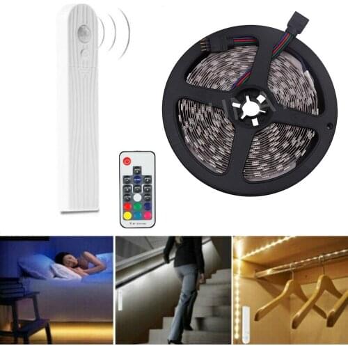 Wireless PIR Montion Sensor LED Night light 5050 RGB Flexible Strip 4*AAA Battery Stairs Wardrobe Bed Side Tape Kitchen Cabinet