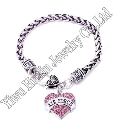 Air Force Heart Wheat link Bracelet Crystal Hearts Metal Soldier Bracelets