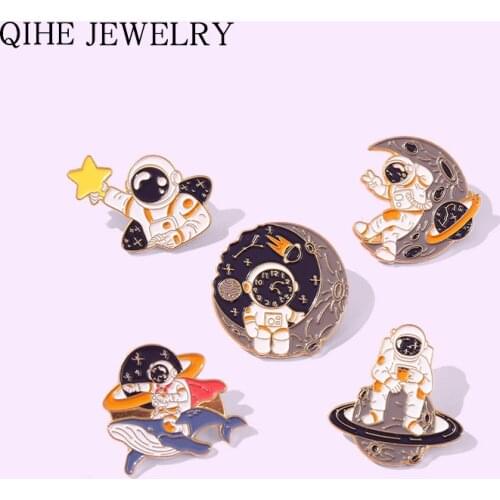 Astronaut And Planet Universe Enamel Pins Planet Rocket Whale Star Moon Galaxy Metal Brooches Badges Pin Up Gift For Space Lover