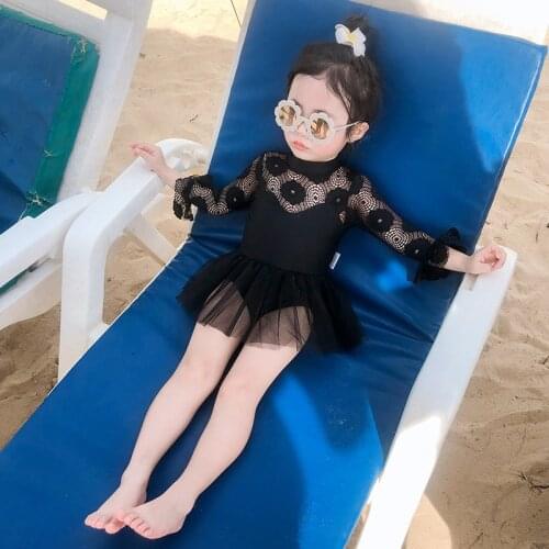 2019 one piece girls swimwear for kids mesh lace bikini infantil long sleeve black sexy girl swimsuit beach wear outfits 0-5T
