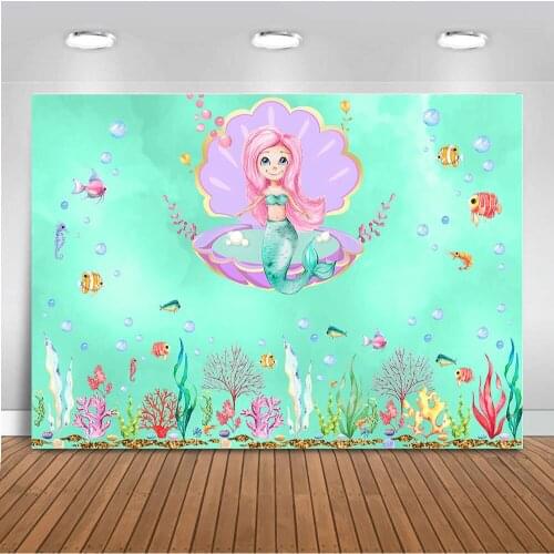 Mermaid Baby Shower Photography Backdrop Underwater Pearl Shell Birthday Party for Girl Background Photo Booth Banner Decoration