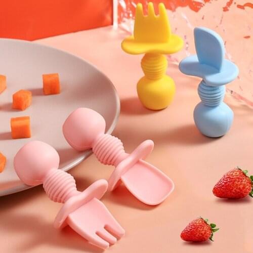 Feeding Baby Gadgets Tableware Set Children Utensil silica gel Toddler Dinnerware Cutlery Cartoon Infant Food Feeding Spoon Fork