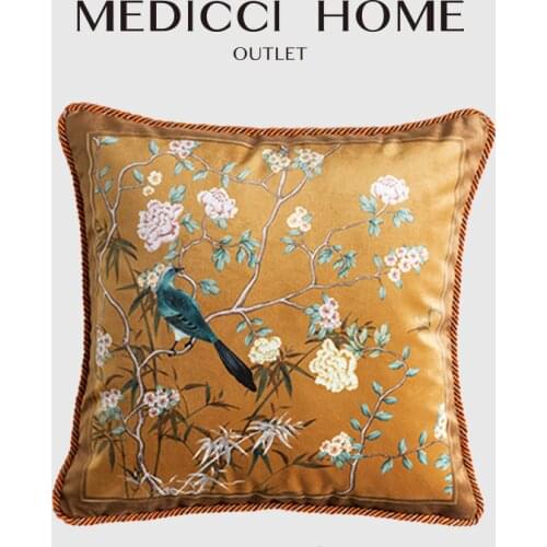 Medicci Home Accent Pillow Case Oriental Rhythm Bird Flower Print Decorative Pillowcase Home Bed Living Room Shell Gift 43x43cm