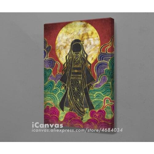 #Nezuko Demon Slayer Colorful design Poster Framed Wooden Canvas Wall Art Decoration Prints for Room Home Frame Decor Painting