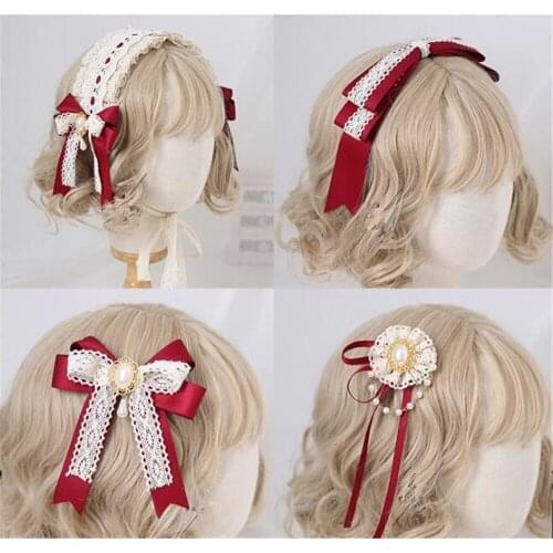 Lolita Dark Red Lace Hairpin Trim Bow Hairband Side Clip Headdress KC Hair Hoop Headband Hair Accessories B1512
