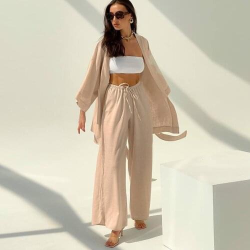 Restve Solid Women Robes Loose 2 Piece Set Three Quarter Sleeve Tops Sashes Female Sleepwear Sets With Pants Casual Summer 2021