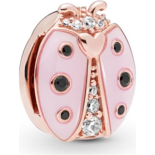 Genuine 925 Sterling Silver Bead Charm Rose Reflexions Pink Ladybird Clip Stopper Lock Beads Fit Pan Bracelet Diy Jewelry