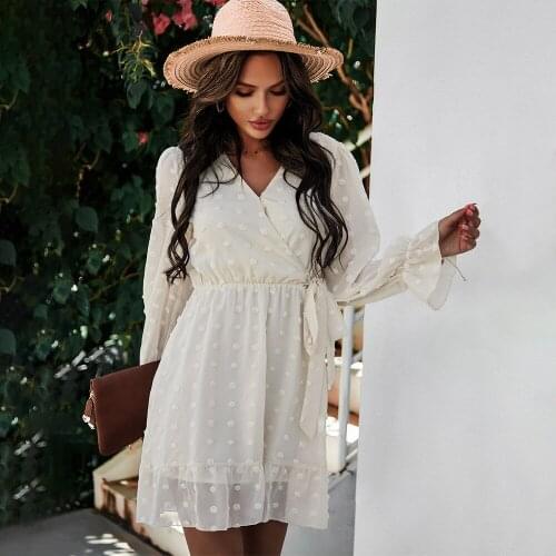 Holiday Solid Dot Embroidery Mini Dress Women Puff Sleeve High Waist Beach Vestidos Spring Causal A-line Dresses 2021 Femme Robe