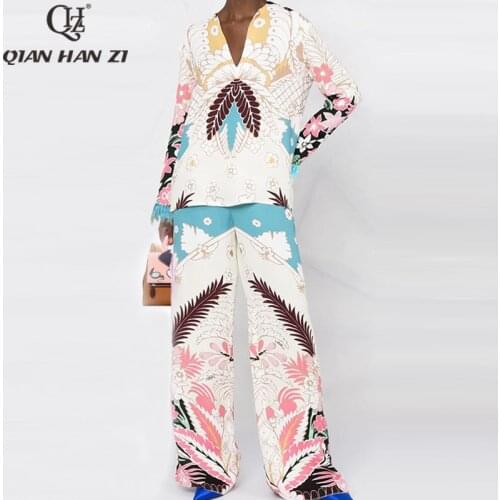 Qian Han Zi spring designer fashion autumn 2-piece set Feather Long Sleeve Print Top+elastic waist loose trousers Women Suit set