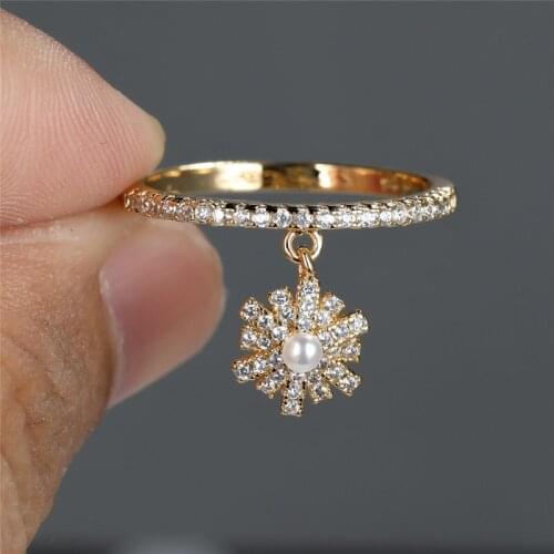 Luxury Crystal Small Round Stone Ring White Pearl Snowflake Pendant Ring Antique Gold Silver Color Wedding Rings For Women Party