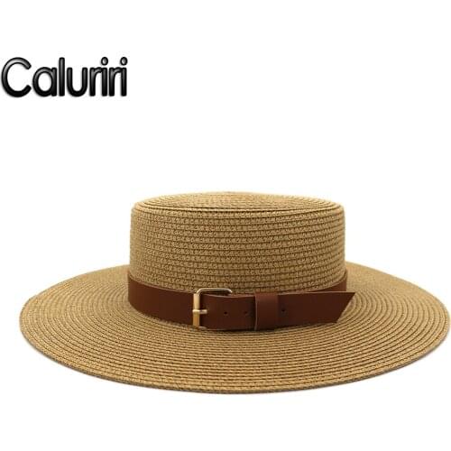 Caluriri Sun Hats Pu Belt Straw Hat European and American Retro Gold Braided Hat Female Loose Sunscreen Sunshade Flat Cap
