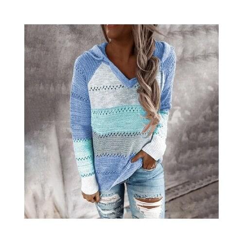 Autumn V Neck Patchwork Hooded Sweater Women Casual Long Sleeve Knitted Sweater Top Winter Striped Elegant Pullover Jumpers