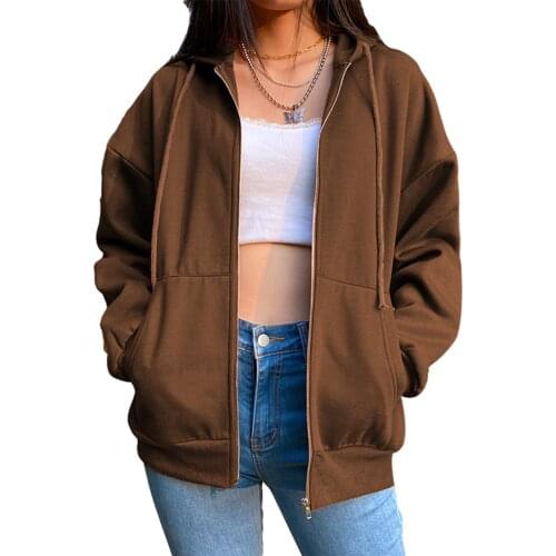 Autumn Womens Hoodie Jacket Solid Color Long Sleeve Zipper Hooded Coat with Pocket Simple Style Ladies Loose Casual Sweatshirt