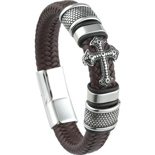 Vanbula European and American Fashion Retro Cross Stainless Steel Charm Mens Leather Bracelet Jewelry for Boyfriend Gift