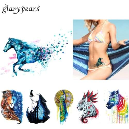 1 Piece Watercolor Drawing Waterproof Tattoo KM-045 Simulation Blue Horse Butterfly Peacock Temporary Tatoo Sticker for Body Art