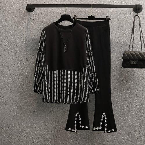 Plus size Womens Tracksuits O collar Sweatshirts 2021 Autumn Cartoon embroidery Oversize Solid Pullovers Pants Suit Sportswear