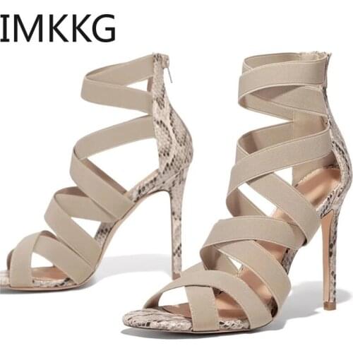 Sandalias Mujer 2020 Womens Ladies Pumps Fashion Bandage Patchwork Mixed Colors Snake Thin heel High Heels Sandals Shoes