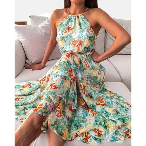 2021 Summer New Womens Long Skirt With Neck Print Sleeveless Dress Chiffon Ankle Skirt