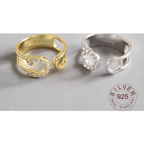 Gold Color S925 sterling silver open ring Chain Interlocking Gold Cuban Link Round Cut Band Friendship Promise Ring