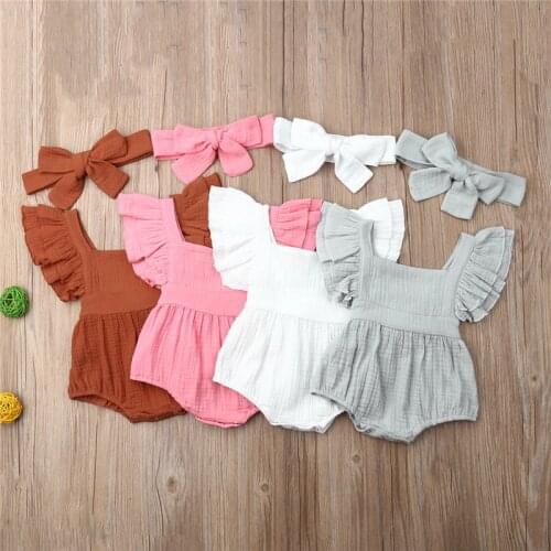 2020 Summer Newborn Baby Girl Boy 2PCS Jumpsuit Fly Sleeves Clothes Ruffle Linen Romper Hair band Casual Cute Outfits
