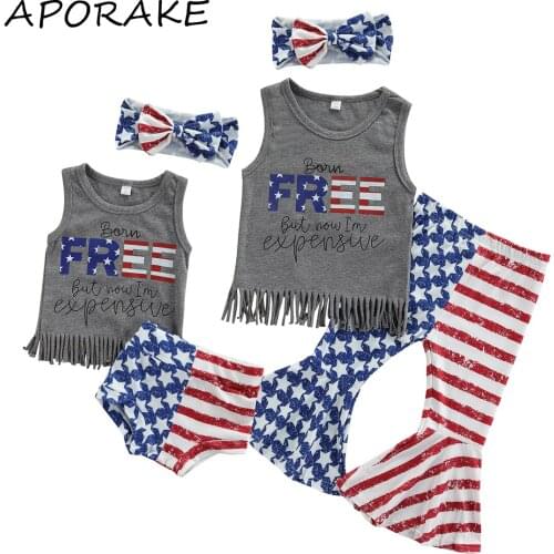 2021 0-6Y Sister Matching independence Day Kids Baby Girl Clothing Letter Tassel Vest+Stars and Striped Print Shorts/Pants 3pcs
