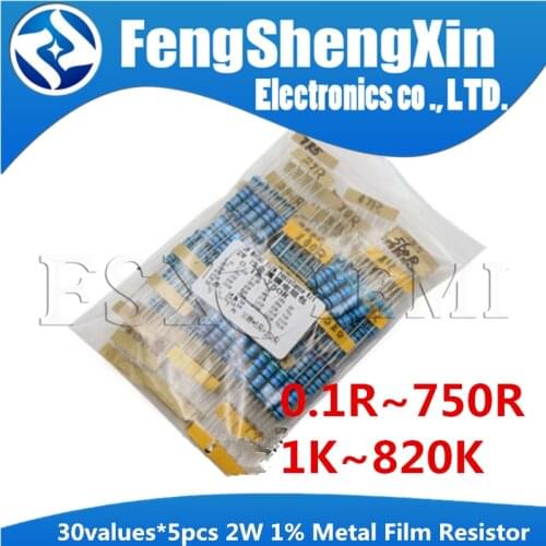 30values*5pcs=150pcs 2W Resistance 1% ( 0.1R ohm ~750R ohm) (1k~820K) Metal Film Resistor Assortment Kit