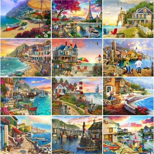 AZQSD 5D Diamond Painting Town Seaside Cross Stitch Diamond Embroidery Landscape Mosaic Rhinestones Handicraft Home Decor