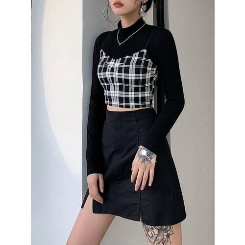 E-girl Mesh Hollow See-Through y2k Tops 2020 Autumn Two Pieces Outfits Pleaded Patchwork Streetwear shirt Chic Party Club Shirt