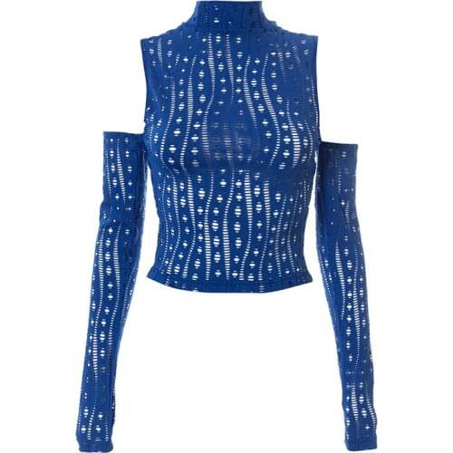 Off Shoulder Sexy T-shirts Women Half-high Neck Hollow Slim Long Sleeve Cropped Female Solid Blouse Streetwear Nightclub Fall