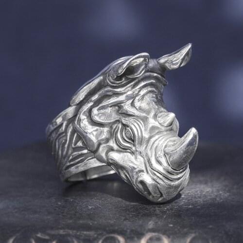 Solid 999 Sterling Silver Thai retro biker MENS men handmade rhinoceros animal ring rings jewelry gift A4773