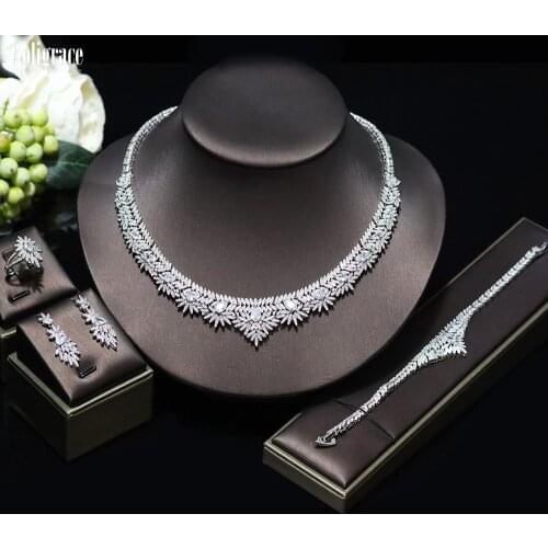 2021 AAA Cubic Zirconia Jewelry Set Arabic Dubai CZ Necklace Earring Bracelet and Ring Set for Women 4Pcs Wedding Bridal Jewelry