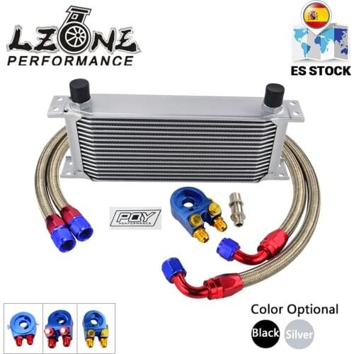 LZONE - UNIVERSAL 16 ROWS OIL COOLER +OIL FILTER SANDWICH ADAPTER+SS STAINLESS STEEL BRAIDED AN10 HOSE W/ PQY STICKER+BOX