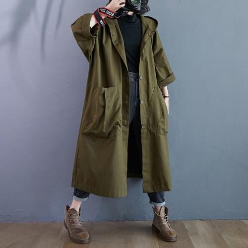 Baggy Hooded Windbreaker Women Autumn Casual Temperament Street Simple Large Pocket Solid Color Loose Knee-Length Trench Coat