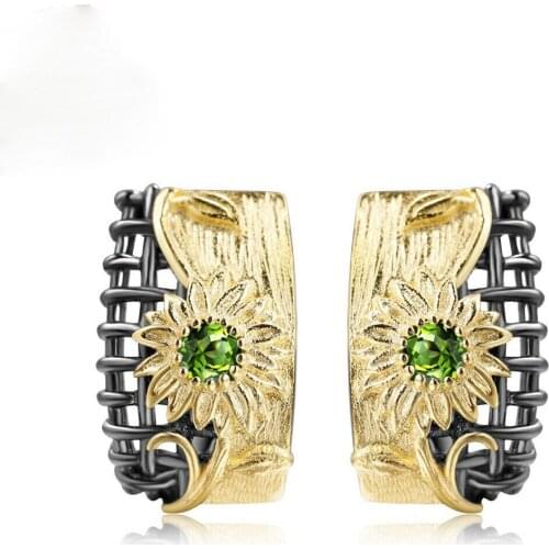Fashion Vintage Hollow Sunflower Leaf Stud Earring Luxury Silver Color Green Crystal Wedding Earrings for Women Boho Jewelry