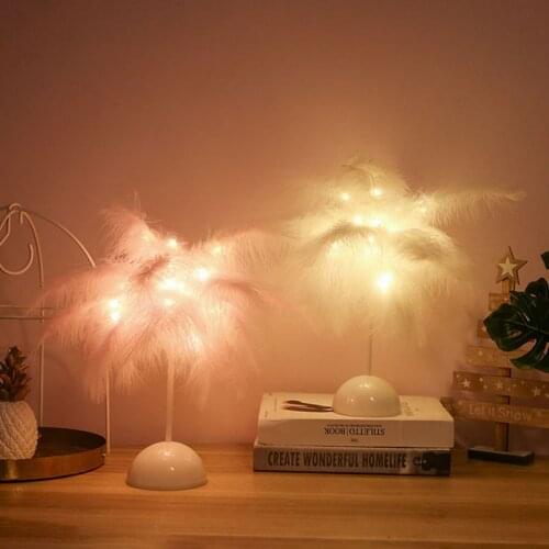 Feather Table Lamp USB/AA Battery Power DIY Creative Warm Light Tree Feather Lamp Shade Wedding Home Bedroom Decor