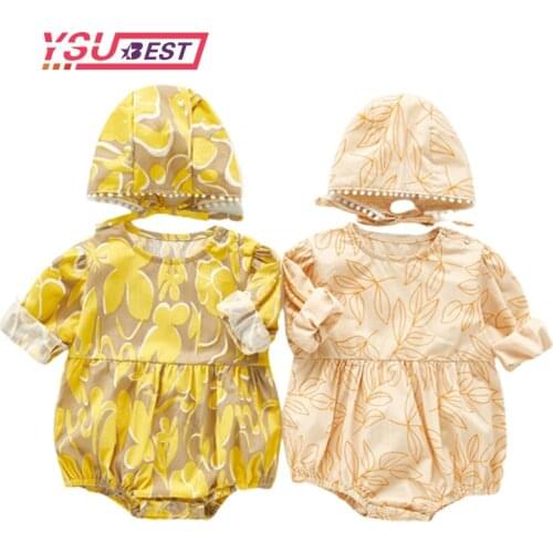 New Autumn Baby Bodysuit Long Sleeve Floral Rompers Infants Girls Baby Twin Girl Clothes With Hat Jumpsuit Girls Jumpsuit