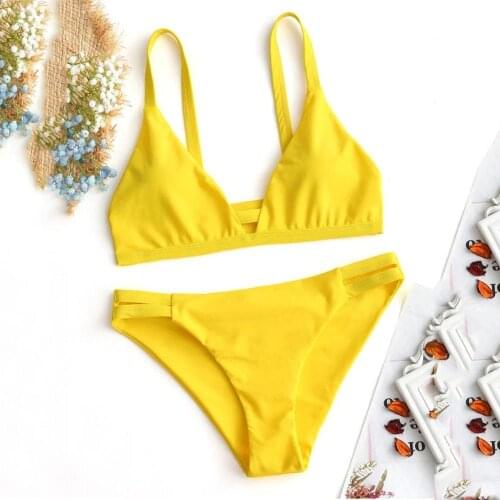 Solid Two Pieces Bikini 2020 Low Waist Swimsuit Women Padded Swimwear Halter Bikini Push Up Swimsuit Summer Swimming Beachwear